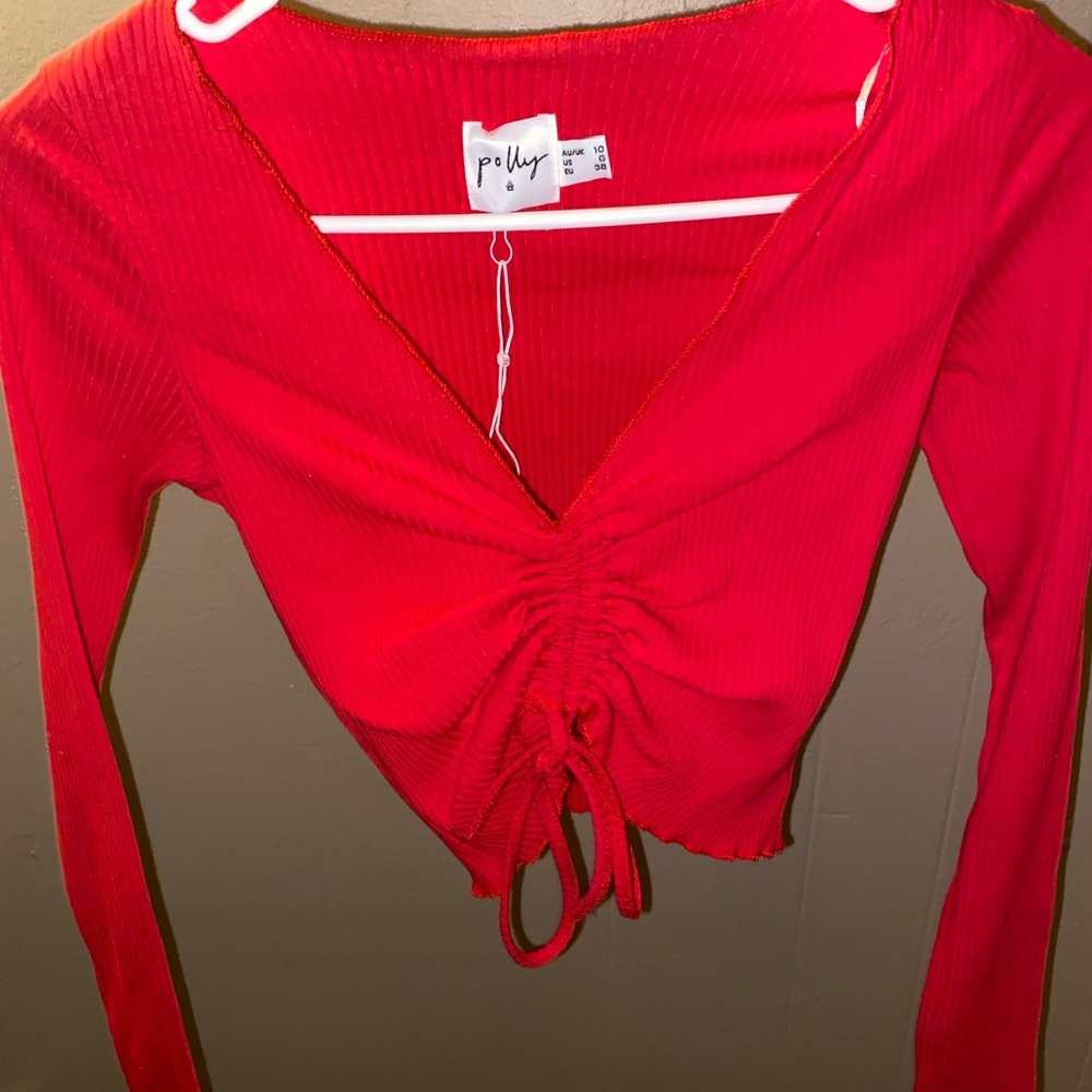Red ruched cinched front crop top